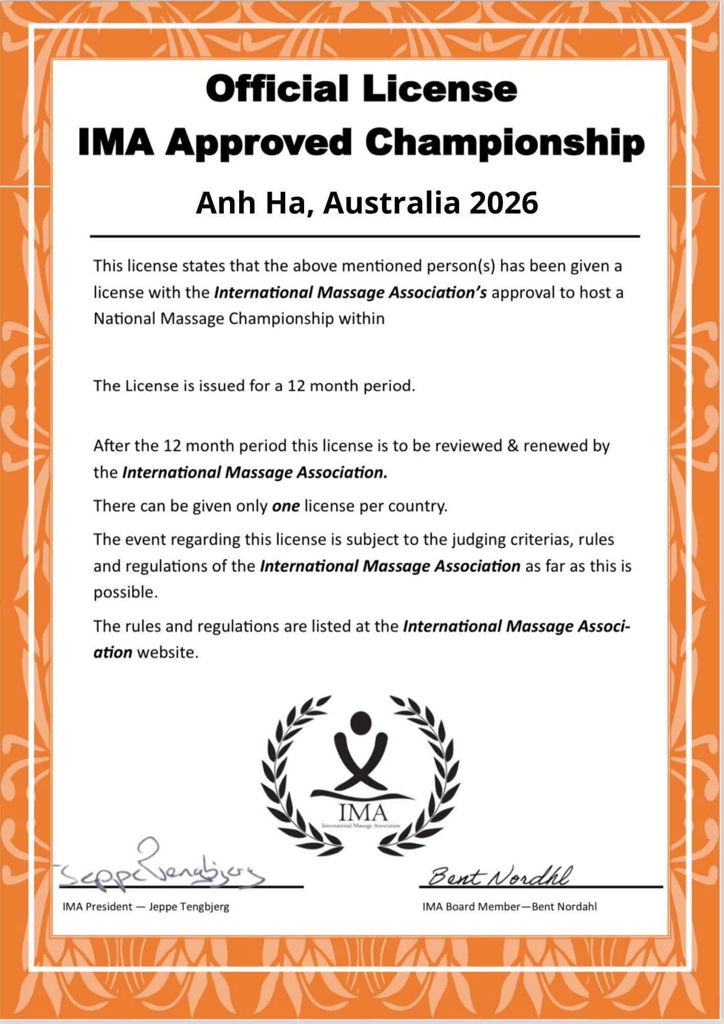 IMA Official License for Australian Massage Championship