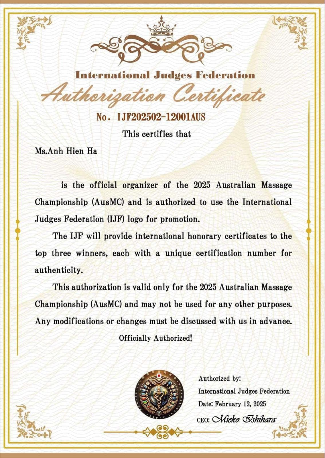 International Judges Federation License for Australian Massage Championship